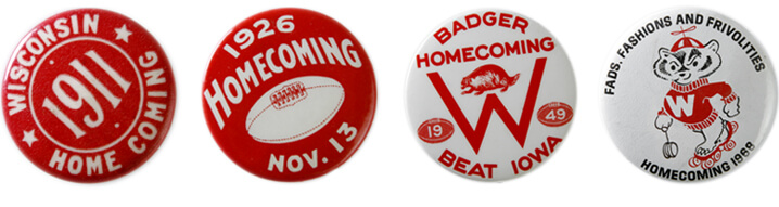 Homecoming buttons years 1911, 1926, 1949 and 1988; collection by Pete Christianson