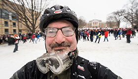 Jeff Miller capturing a snowball fight on Bascom Hill. Photo by Jeff Miller | UW-Madison