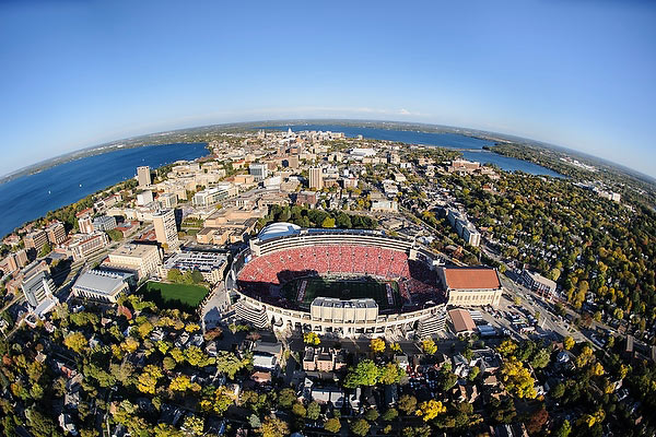 Aerial photo of campus and Camp Randall Stadium, photo by Jeff Miller | UW-Madison