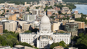 Aerial photo of the Capitol in Madison, WI.