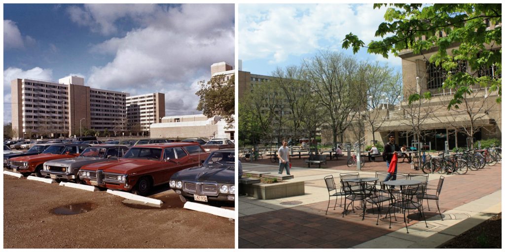 Old Vilas parking lot on the UW-Madison campus is now East Campus Mall