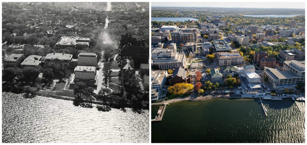 Memorial Union aerial photo then and now.