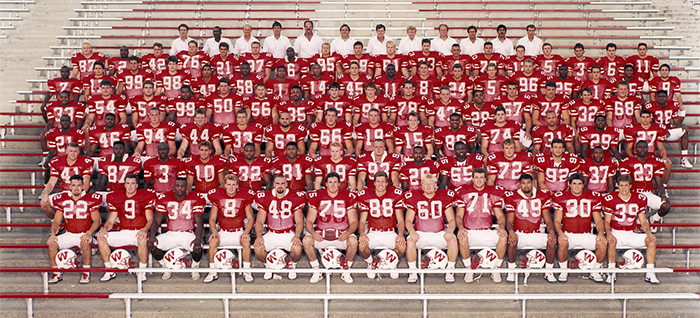 The 1988 Badger football team — the only one to have suffered a loss to Western Michigan. If you look closely, you’ll see Paul Chryst (wearing number 9) in the fifth row back, all the way to the right. Courtesy of UW–Madison Archives, S01022.