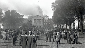 People gathered outside of the Bascom Hall fire.