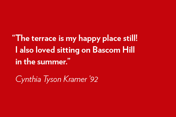 The terrace is my happy place still! I also loved sitting on Bascom Hill in the summer. - Cynthia Tyson Kramer ’92