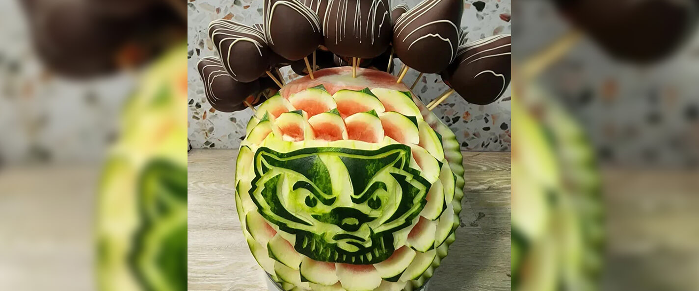 Bucky carved into a melon.
