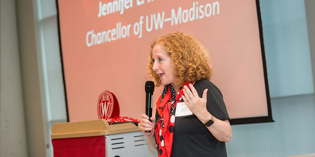 UW–Madison chancellor Jennifer L. Mnookin speaks to guests at The Buckingham Club's annual gathering.