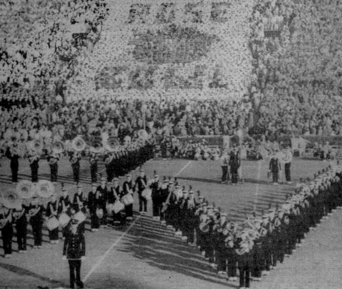 The UW Band in the Rose Bowl in traditional W formation Wisconsin Alumni Magazine, January 1953